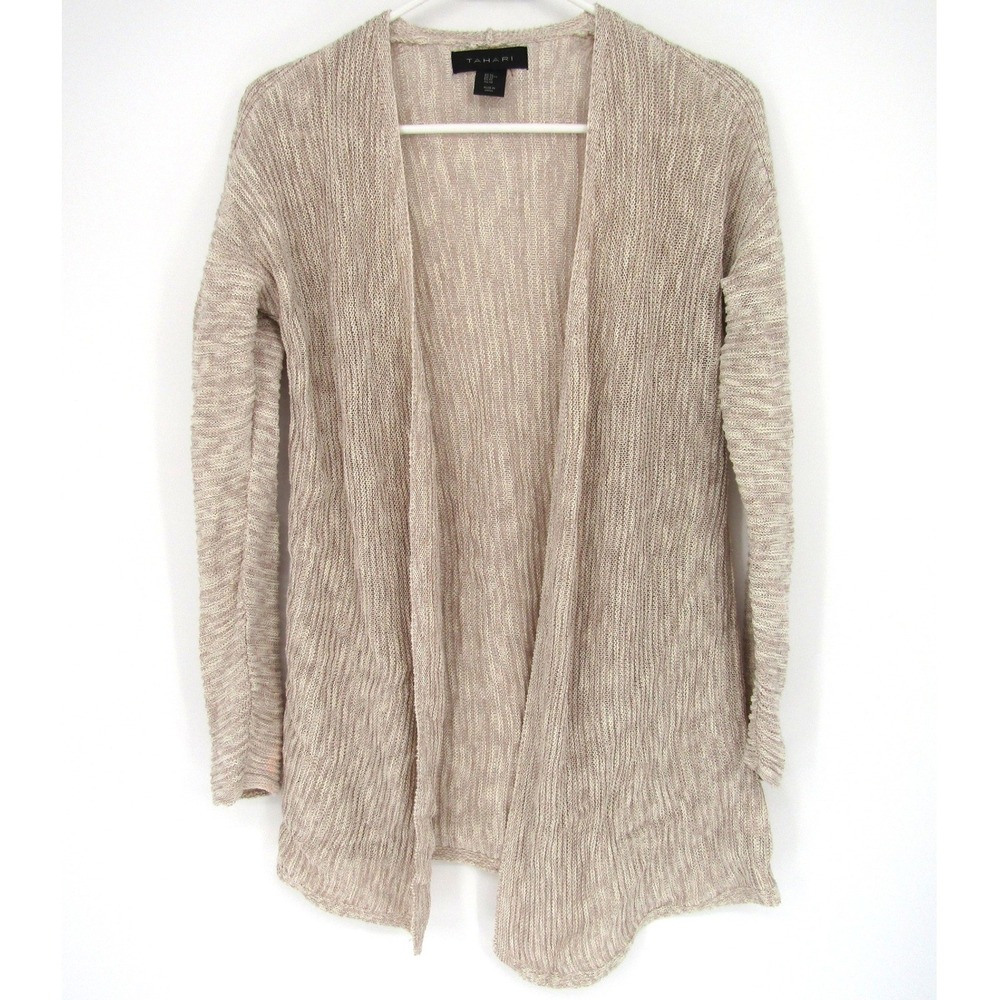 Tahari Cardigan Sweater Womens Medium Beige Linen Blend Open Front Lightweight